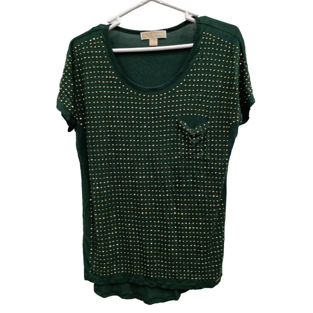 Michael Michael Kors Womens Top Large Green Gold Studded Short Sleeve Pocket Tee
